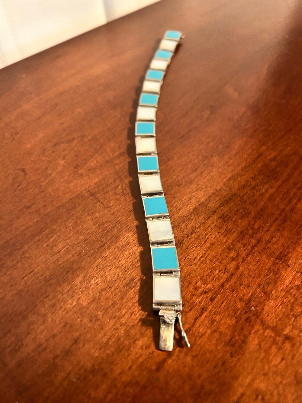 Vintage 925 FAS Sterling Silver Turquoise & Mother of Pearl Bracelet 8"